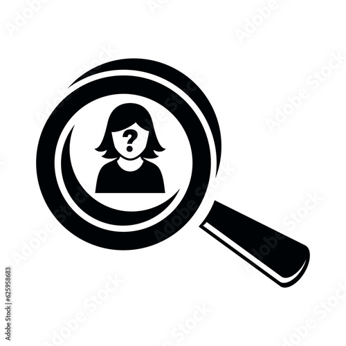 Searching for missing persons icon vector. Person with magnifying glass icon isolated on a white background. Lost people symbol. Wanted woman with question mark silhouette