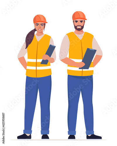 Man and woman engineer. Construction Workers in uniform and orange protective helmet, holding clipboard with checklist. Head of construction works. Vector illustration.