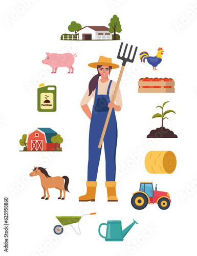 Farmer character and different farm elements. Woman farmer, barn, horse, fertilizer, haystack, cart, crop, pitchfork, watering can, plant. Set of elements on farm theme. Vector illustration.