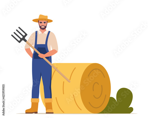 Man with pitchfork near haystack. Farmer prepares hay. Food for domestic animal. Yellow straw in haystack and agricultural equipment. Vector illustration. photo