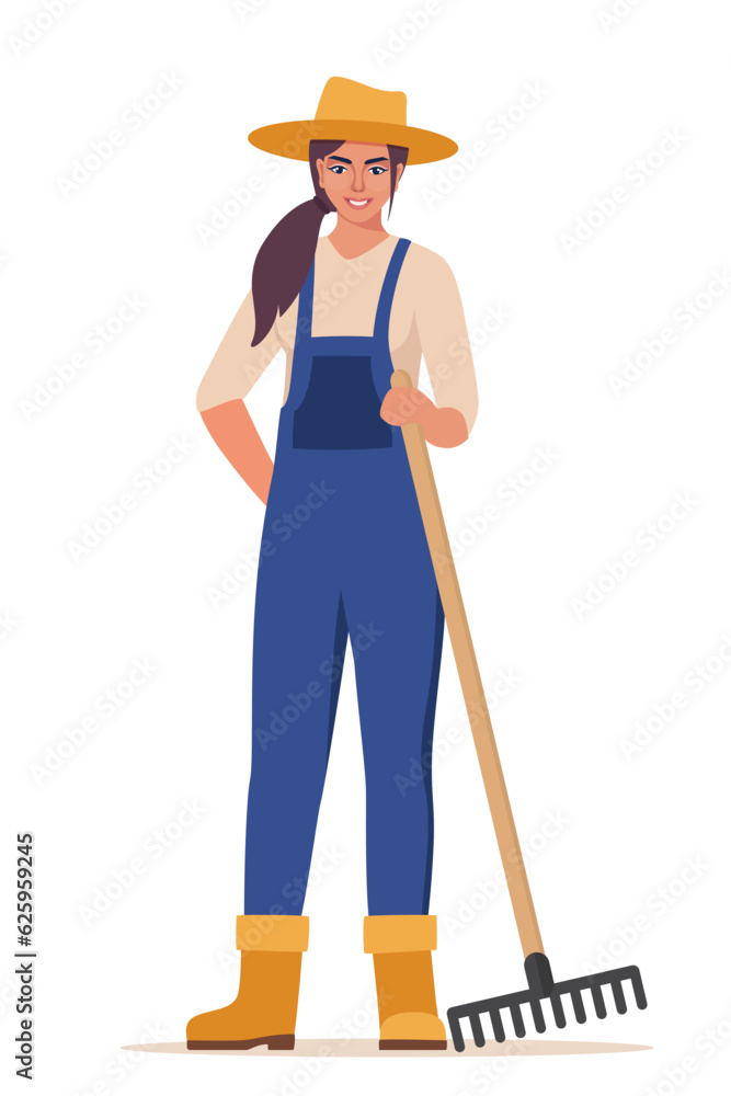 Woman farmer holding rake in hand. Farming work, gardening. Agricultural worker with garden tool. Woman gardener, agronomist. Vector illustration. Woman farmer holding rake in hand. Farming work, gardening. Agricultural worker with garden tool. Woman gardener, agronomist. Vector illustration.