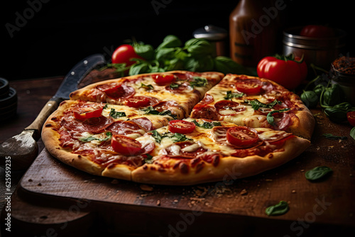 pizza with salami and tomatoes and vegetables