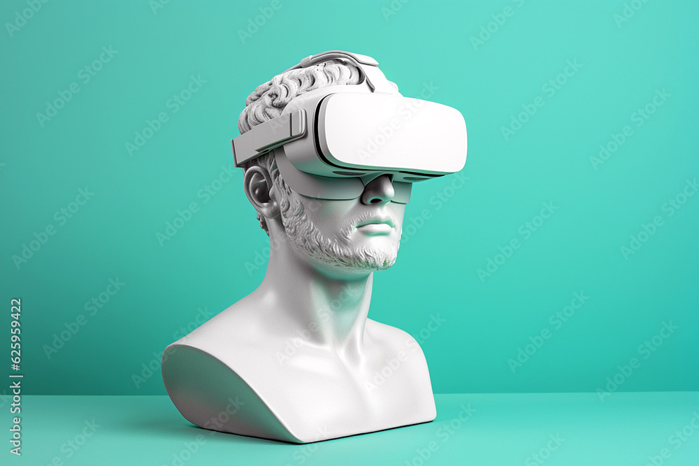 Antique marble sculpture with VR headset. Statue wearing virtual reality goggles on pastel background. Bust with VR glasses. Metaverse world exploring, VR games concept. AI generated - obrazy, fototapety, plakaty 