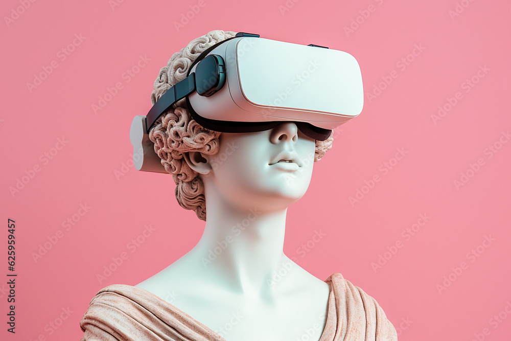 Female antique marble sculpture with VR headset. Statue wearing virtual reality goggles on pastel background. Bust with VR glasses. Metaverse world exploring, VR games concept. AI generated - obrazy, fototapety, plakaty 