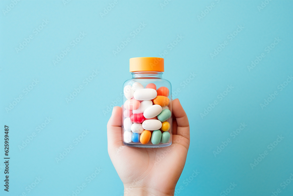 Medical pills in child's hands. Child holding bottle of pills. Keep away from children reach concept. Sick child with drugs. Danger at home. Childhood diseases, vitamins for children. AI generated Medical pills in child's hands. Child holding bottle of pills. Keep away from children reach concept. Sick child with drugs. Danger at home. Childhood diseases, vitamins for children. AI generated