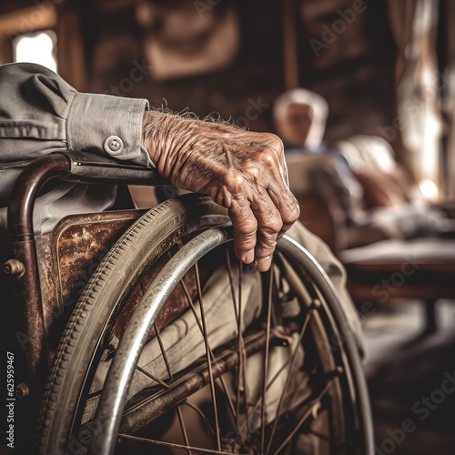 Elderly person in a wheelchair, loneliness and boredom, generated AI photo.