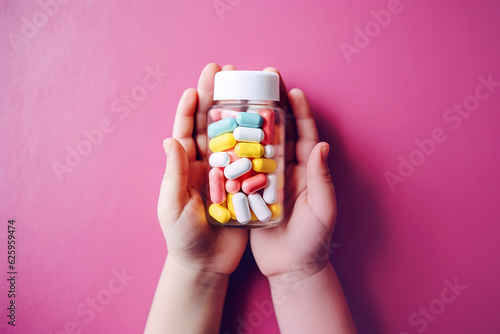 Medical pills in child's hands. Child holding bottle of pills. Keep away from children reach concept. Sick child with drugs. Danger at home. Childhood diseases, vitamins for children. AI generated