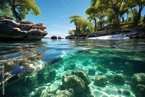 Beautiful view of crystal clear water on exotic islands. Generative AI