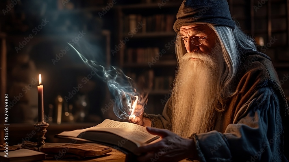 Fototapeta premium wizard reading a magical book in his laboratory