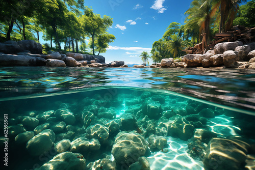 Beautiful view of crystal clear water on exotic islands. Generative AI