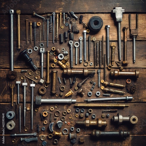 Retro vintage rustic workshop with old tools and miscellaneous parts, generative AI photo.