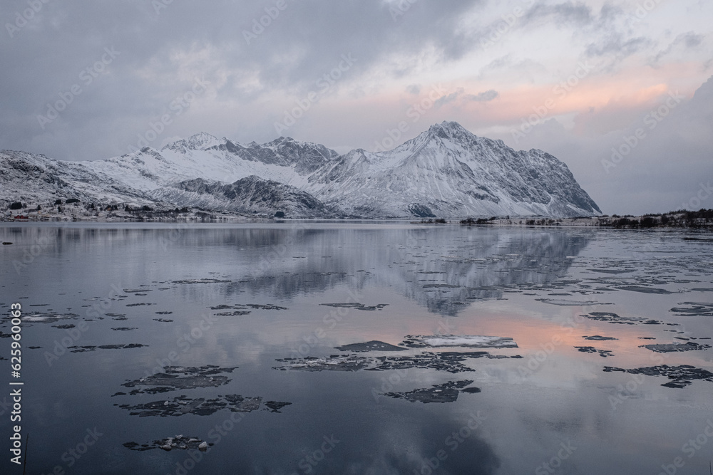 reflection of a lake in winter in the Lofoten