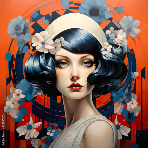 Young fashion woman, retro style. Surreal Abstract Geometry, Art deco, Generative AI
