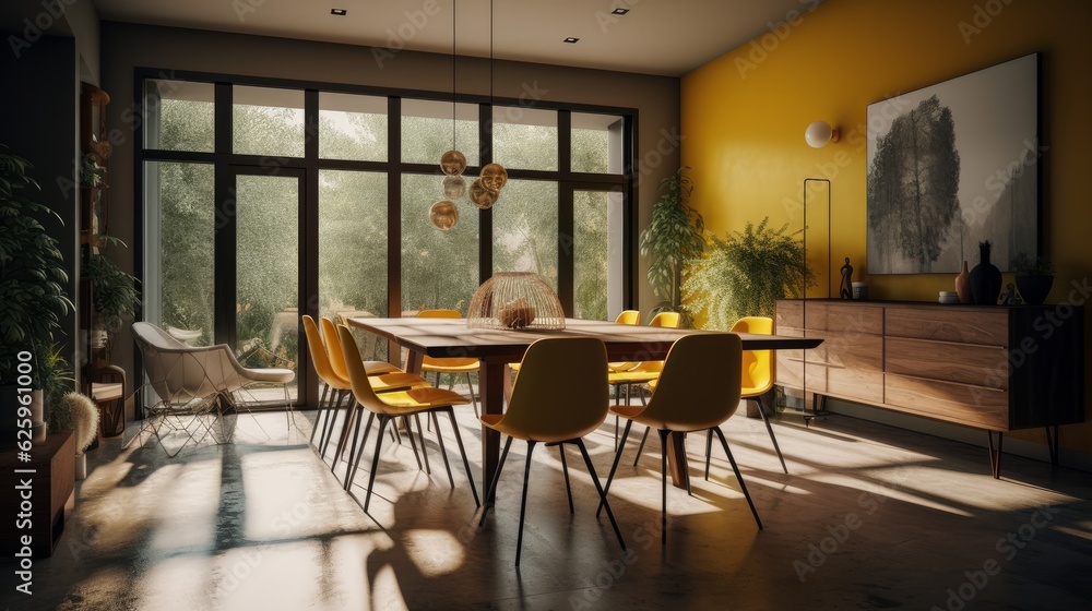 Dining room home interior design concept contemporary style natural mood and tone dramatic sunset light through window glass interior design background,AI GENERATE