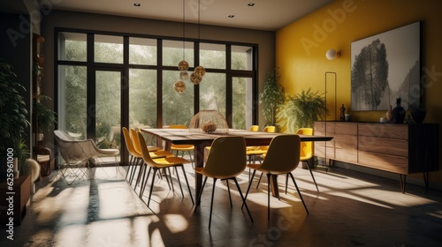 Dining room home interior design concept contemporary style natural mood and tone dramatic sunset light through window glass interior design background,AI GENERATE © VERTEX SPACE