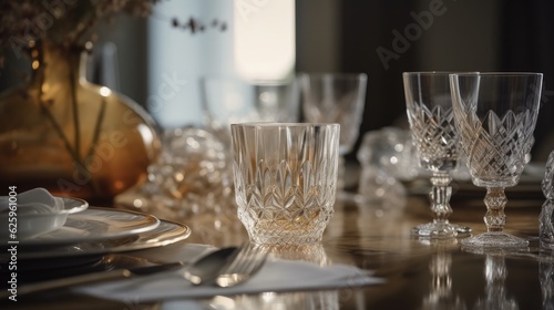 close up glassware dinning table top Restaurant table with wine glasses and napkin,ai generate