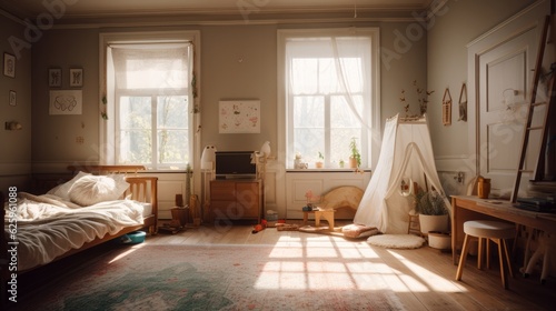 Kid play room creatve fun and playful space cozy children bedroom with tent toy and doll with sun light from window dramatic light interior background,ai generate