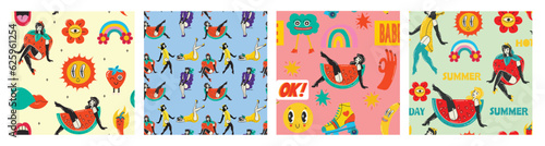 Retro Pin Up Girls Seamless Patterns. Backgrounds Wallpaper with summer girls with strawberry, banana and watermelon costume and sun, floower groovie stickers