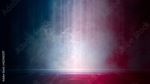 Empty dark blue pink and red scenes, Studio room, smoke, smog, neon spotlights, reflections of rays, concrete floor, night view, digital technology background, interior texture for display products