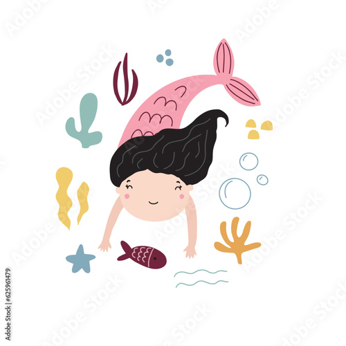 Vector illustration of a cute little mermaid surrounded by nautical elements for your design.