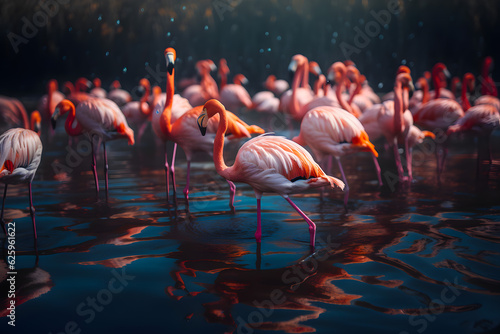 Flock of flamingos many individuals on the lake. Generative AI.