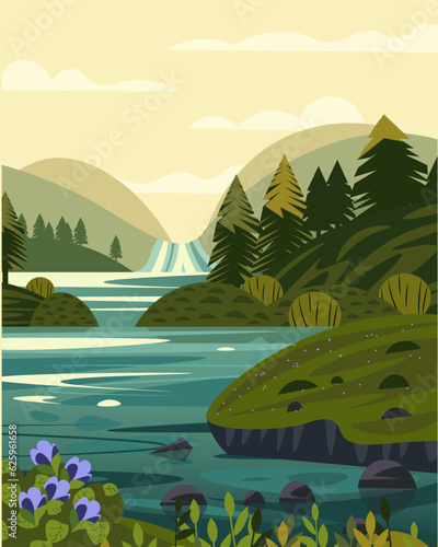 Forest, national park, waterfall background poster banner