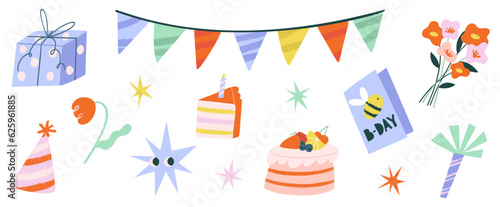Clipart with birthday items - cake, gift box, flowers, greeting card and decorations.