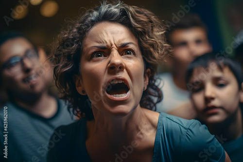 Educational concept theme, portrait of the angry teacher woman yells at students emotionally expressing dissatisfaction about the performance of the group class team. Generative AI.