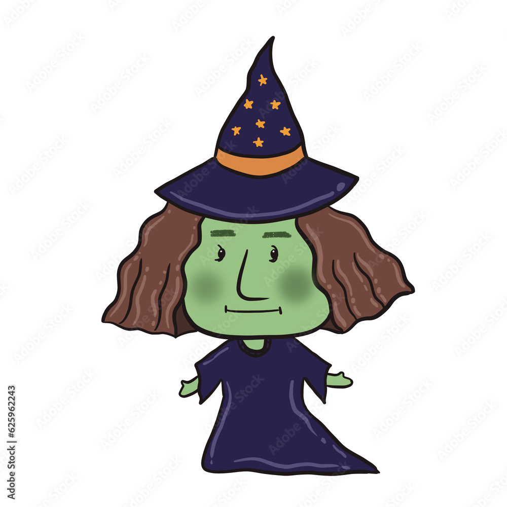 Witch cartoon illustration, on transparent backgound. Good quality for printing with 300 DPI.