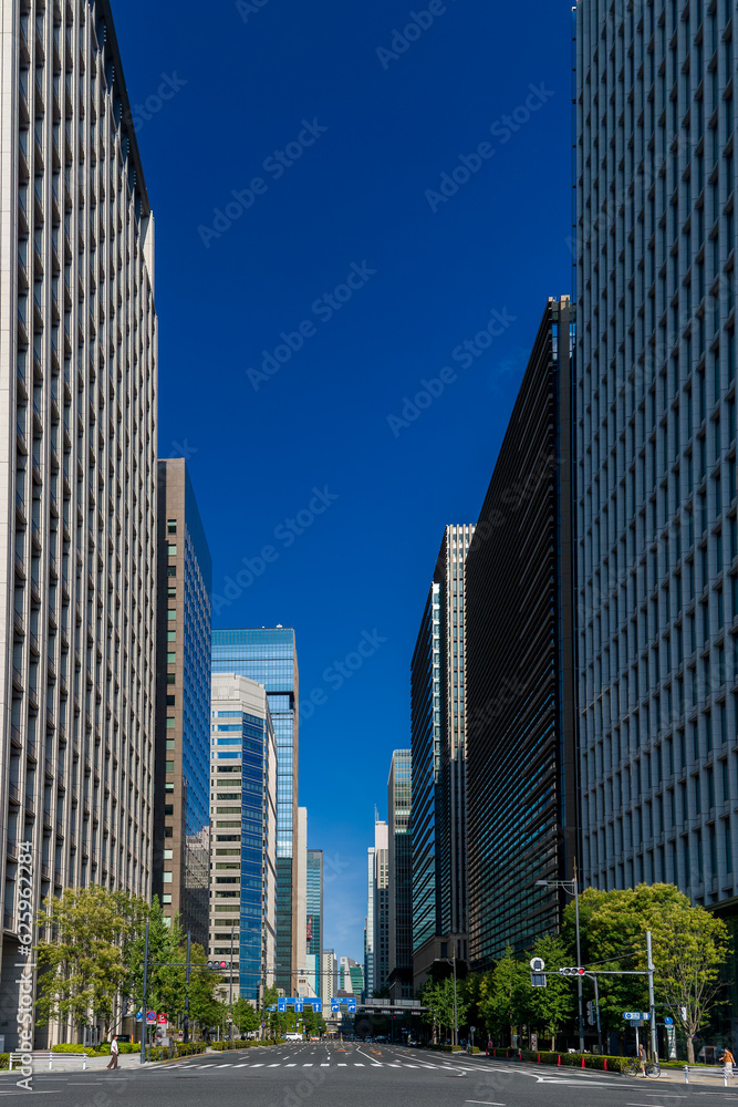 Fototapeta premium Near empty roads in central Tokyo on a very hot summers day.