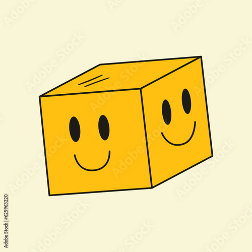 Abstract illustration of cube with smiling face. Funky doodle geometric emoji. 90s psychedelic symbol. Trippy art