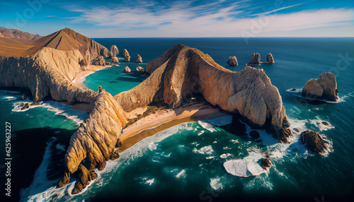 Aerial image of Lands End, the southernmost point of the Baja California peninsula, and El Arco de Cabo San Lucas, Baja California Sur, Mexico, Ai generated image photo