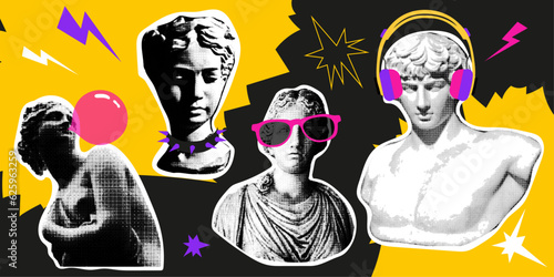 Collage design elements in trendy dotted pop art style. Retro halftone effect. Set of statues with retro elements of the 90s.Vector illustration with vintage grunge punk cutout shapes