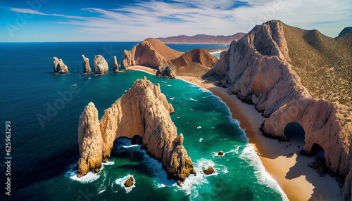 Aerial image of Lands End, the southernmost point of the Baja California peninsula, and El Arco de Cabo San Lucas, Baja California Sur, Mexico, Ai generated image photo