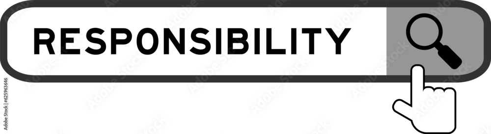 Search banner in word responsibility with hand over magnifier icon on white background Search banner in word responsibility with hand over magnifier icon on white background