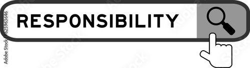 Search banner in word responsibility with hand over magnifier icon on white background