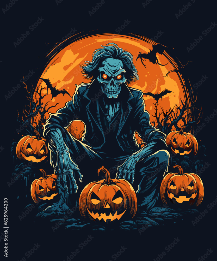 illusttration Hand drawn zombies around the pumpkin, vector.