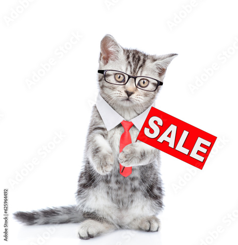 Smart kitten wearing eyeglasses and necktie standing on hind legs and holds signboard with labeled "sale". isolated on white background