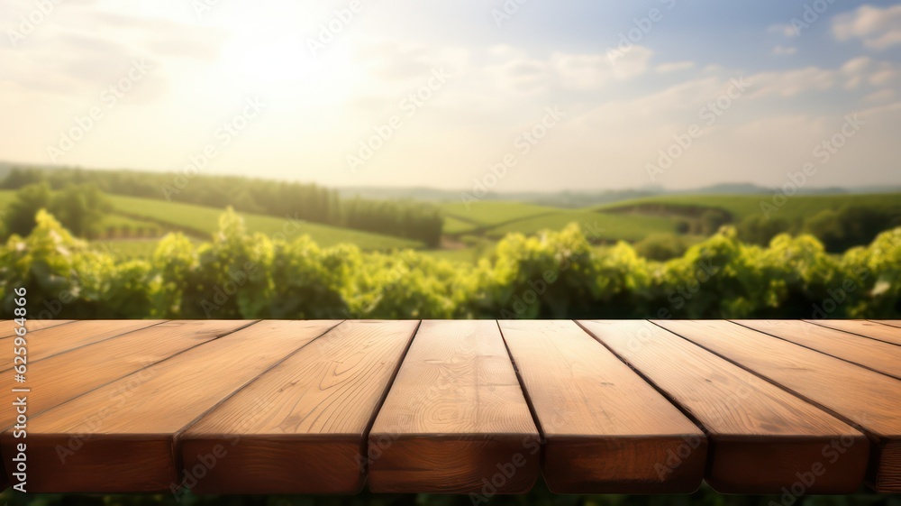 Empty wooden table top with view on vineyard landscape created with Generative AI