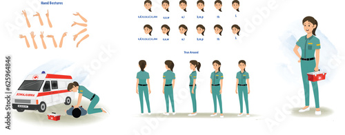 Set of paramedic character design. Character Model sheet. Front, side, back view animated character. Female paramedic character creation set with various views, poses and gestures. Cartoon style, flat