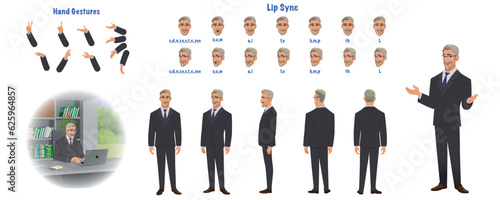 Set of male principal design. Character Model sheet. Front, side, back view animated character. Principal character creation set with various views, poses and gestures. Cartoon style, flat vector