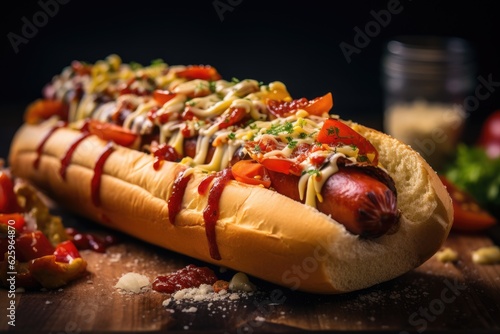 Hot dog with a sausage on a fresh rolls garnished with ketchup and mustard. Generative AI