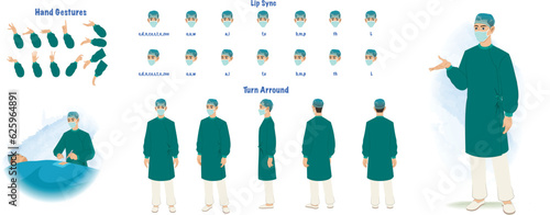 Set of surgeon character design. Character Model sheet. Front, side, back view animated character. Male surgeon character creation set with various views, poses and gestures. Cartoon style, flat vecto