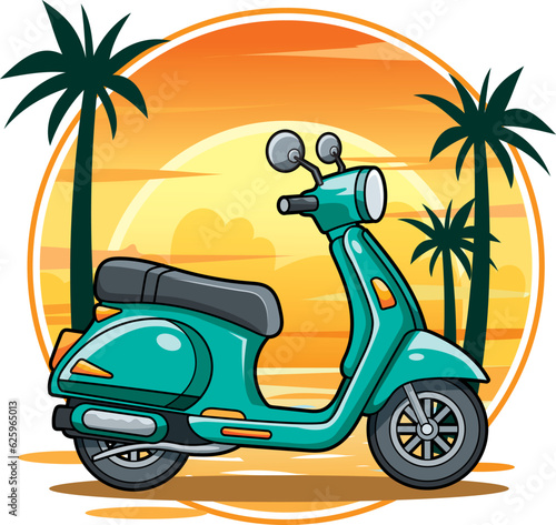 Green turquoise scooter in summer scene