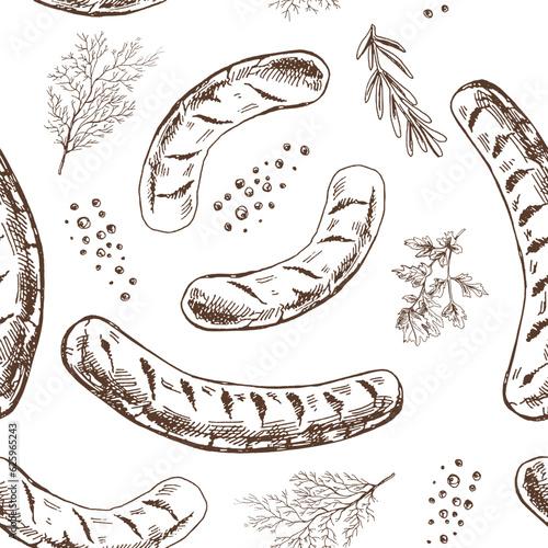 Hand-drawn vector seamless pattern of barbecue grilled sausage and greens. Vintage doodle illustration. Sketch for cafe menus and labels. The engraved image.