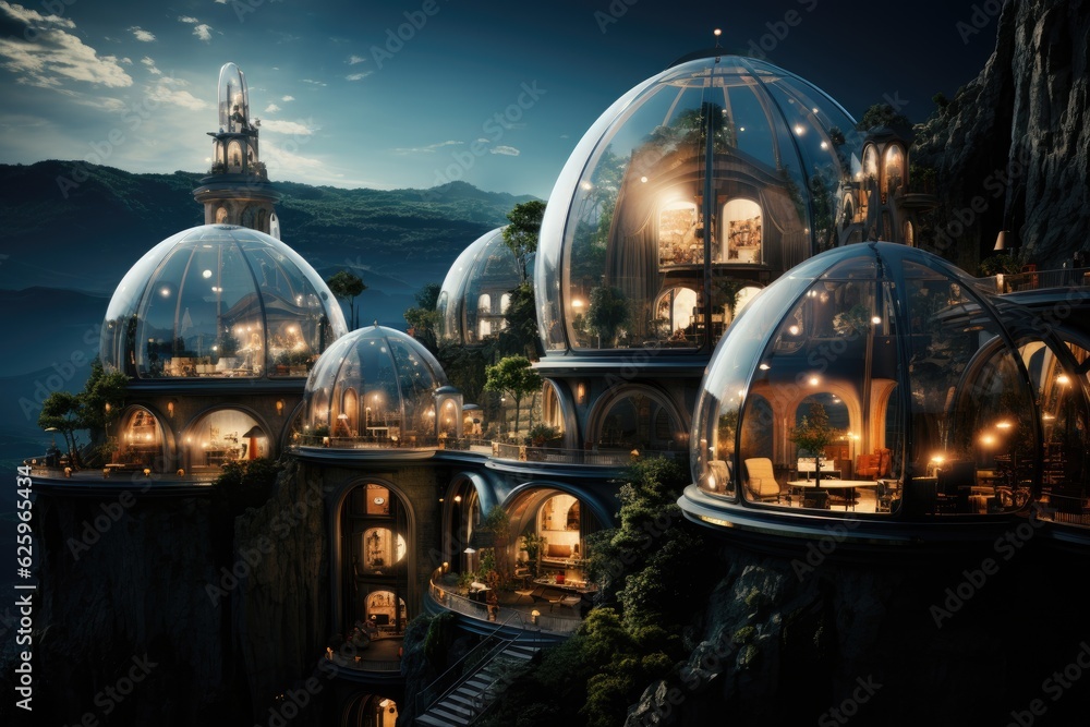 Fototapeta premium human settlement in alien world with green plants. Glass dome habitat. Generative AI