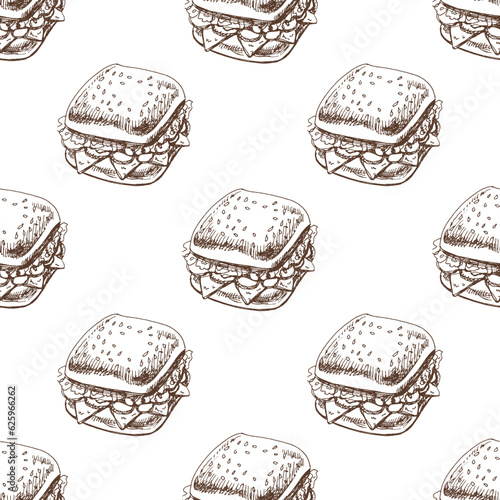 Hand-drawn vector seamless pattern of sandwich. Vintage doodle illustration. Sketch for cafe menus and labels. The engraved image.