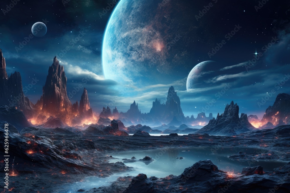 alien landscape, fantasy planet, night sky with stars on background. Generative AI