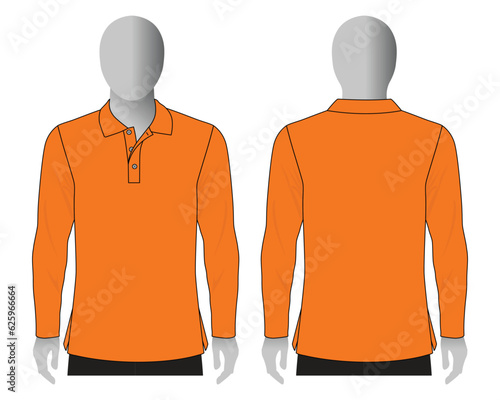Blank Orange Long Sleeve Polo Shirt Template On White Background.Front and Back View, Vector File.