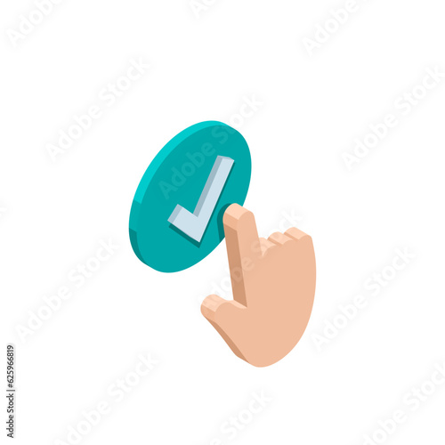 isometric hand and checkmark icon in color on a white background, approve or accept